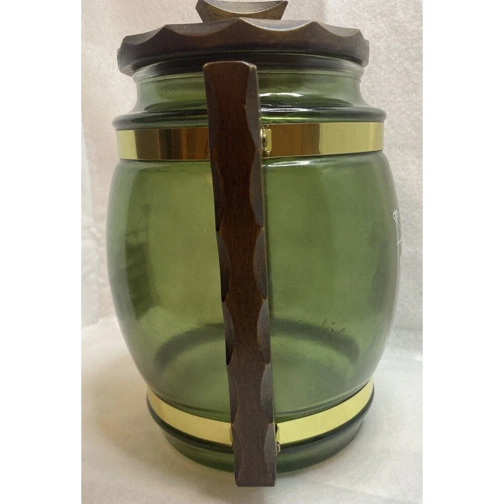 Vintage Siestaware Pitcher Barrel Shaped Glass Container Wood Lid &Handle 10”x9”